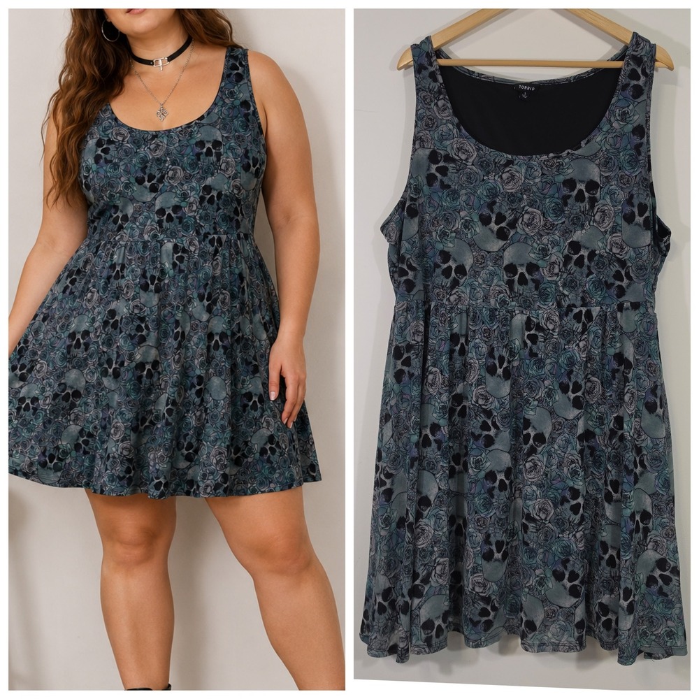 Torrid Skull & Floral Fit & Flare Dress Size 3 Plus Goth Punk Rockabilly emo